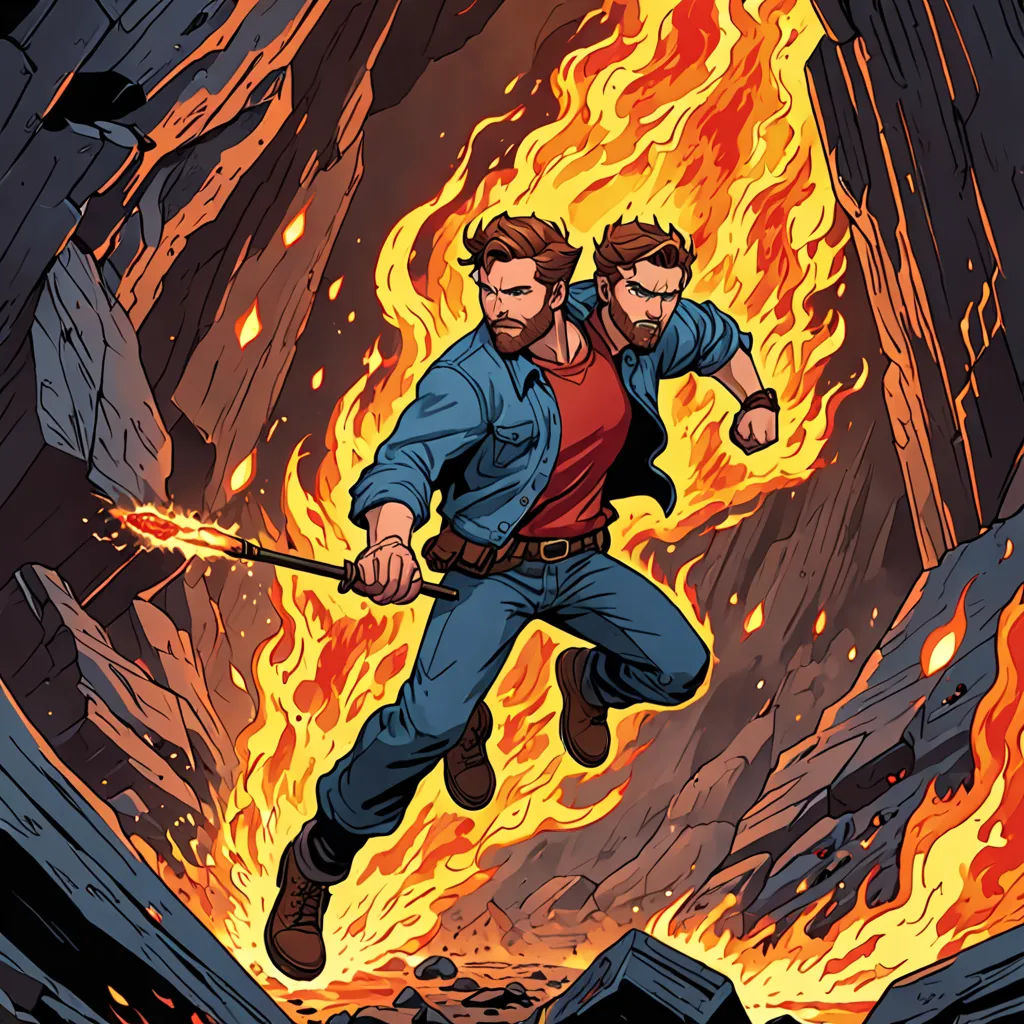 a man flying through the air while holding a sword in front of a fire filled mountain with rocks and lava, process art, a comic book panel, Benjamin Marra, comic cover art