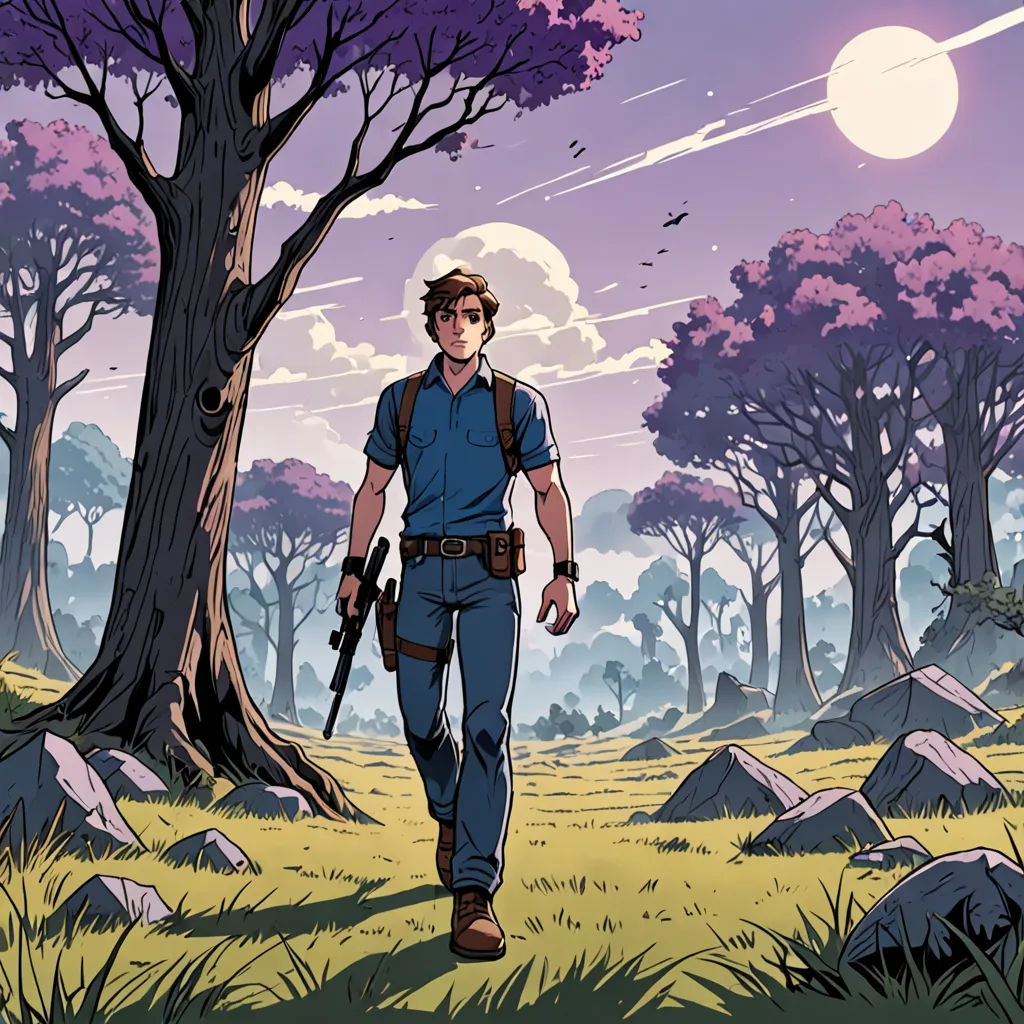a man walking through a forest with a gun in his hand and a full moon in the background,, fantasy art, a comic book panel, Cedric Seaut (Keos Masons), comic cover art
