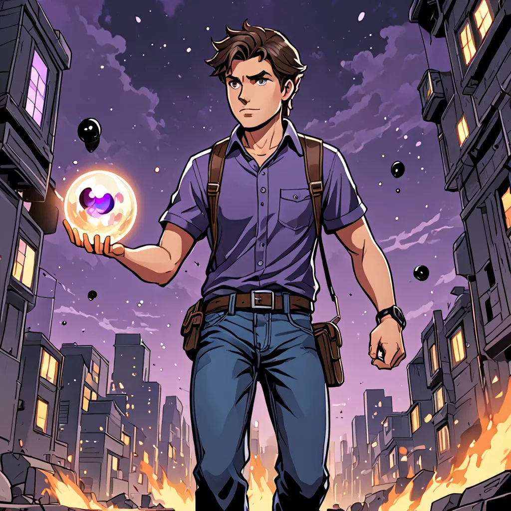 a man holding a glowing orb in his hand in a city at night time with buildings and buildings in the background, sots art, a character portrait, Cedric Seaut (Keos Masons), comic cover art