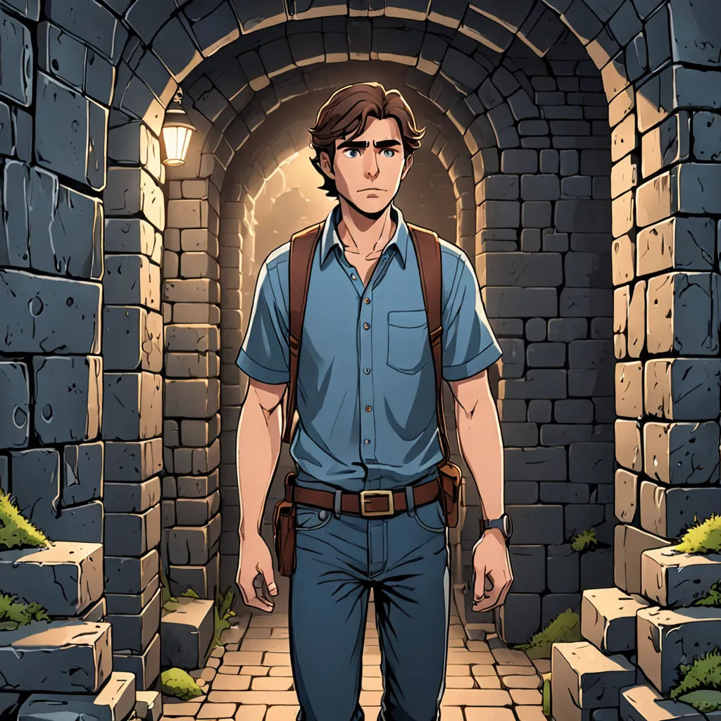 a man in a blue shirt and a backpack walking through a tunnel with bricks on the ground and a light on, serial art, a character portrait, Cedric Seaut (Keos Masons), 2 d game art