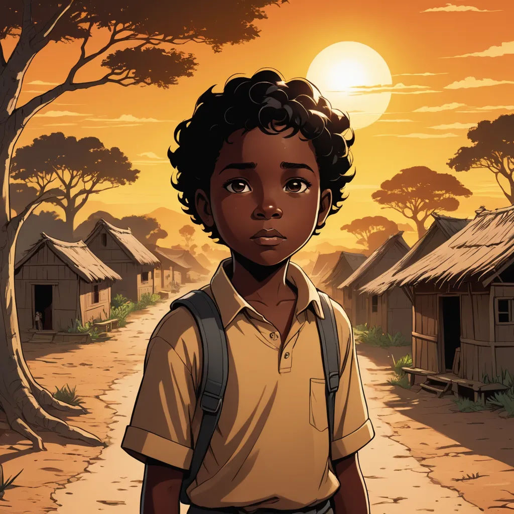 a young boy standing in front of a village at sunset with a backpack on his shoulder and a backpack on his shoulder, harlem renaissance, a comic book panel, Cedric Seaut (Keos Masons), graphic novel