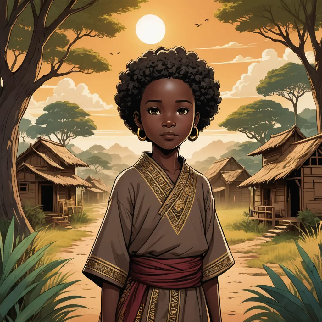 a young african american girl standing in front of a village with huts and trees on the other side of the picture, afrofuturism, a character portrait, Chinwe Chukwuogo-Roy, comic cover art