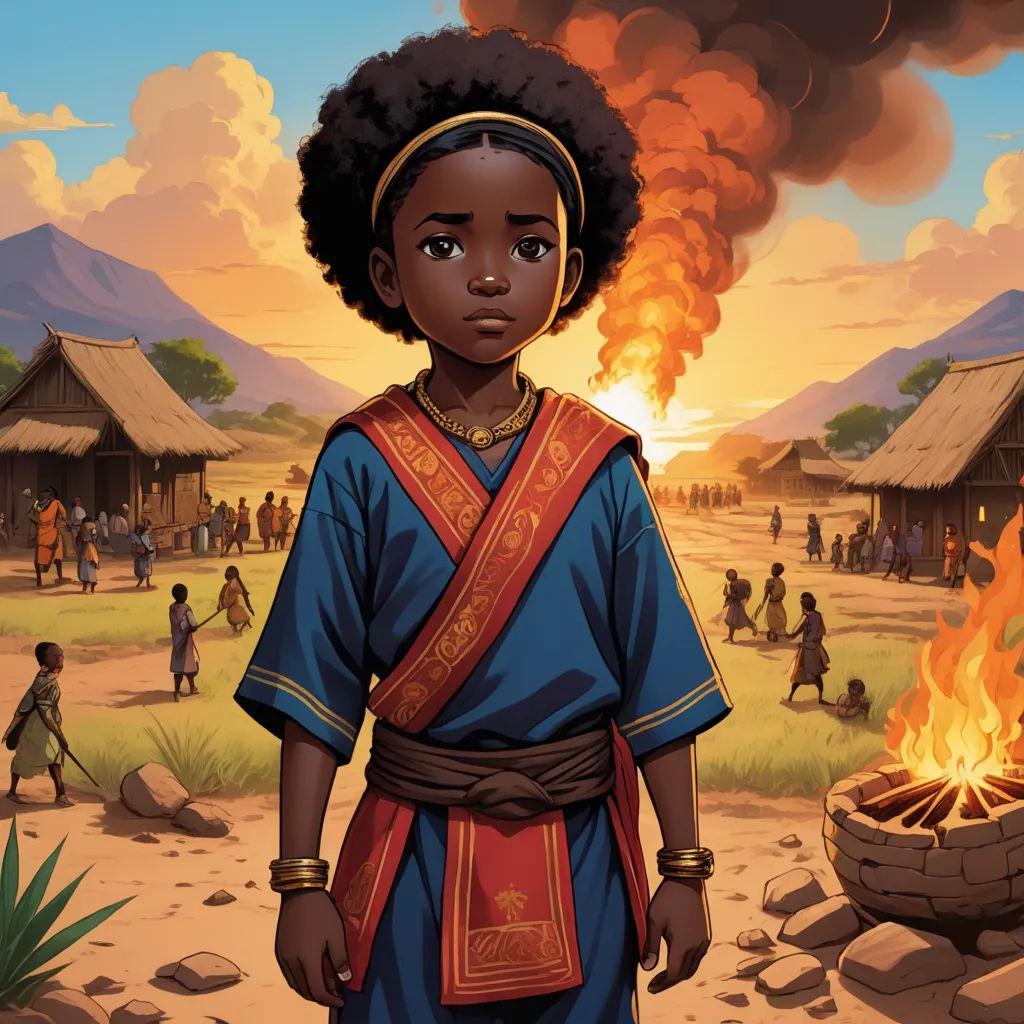 a cartoon of a woman standing in front of a fire pit with a village in the background and people in the foreground, afrofuturism, concept art, Chinwe Chukwuogo-Roy, comic cover art