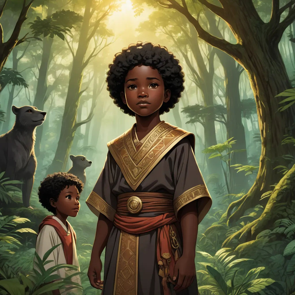 a painting of a woman and a boy in a forest with a bear on the other side of the painting, afrofuturism, a storybook illustration, Chinwe Chukwuogo-Roy, official art