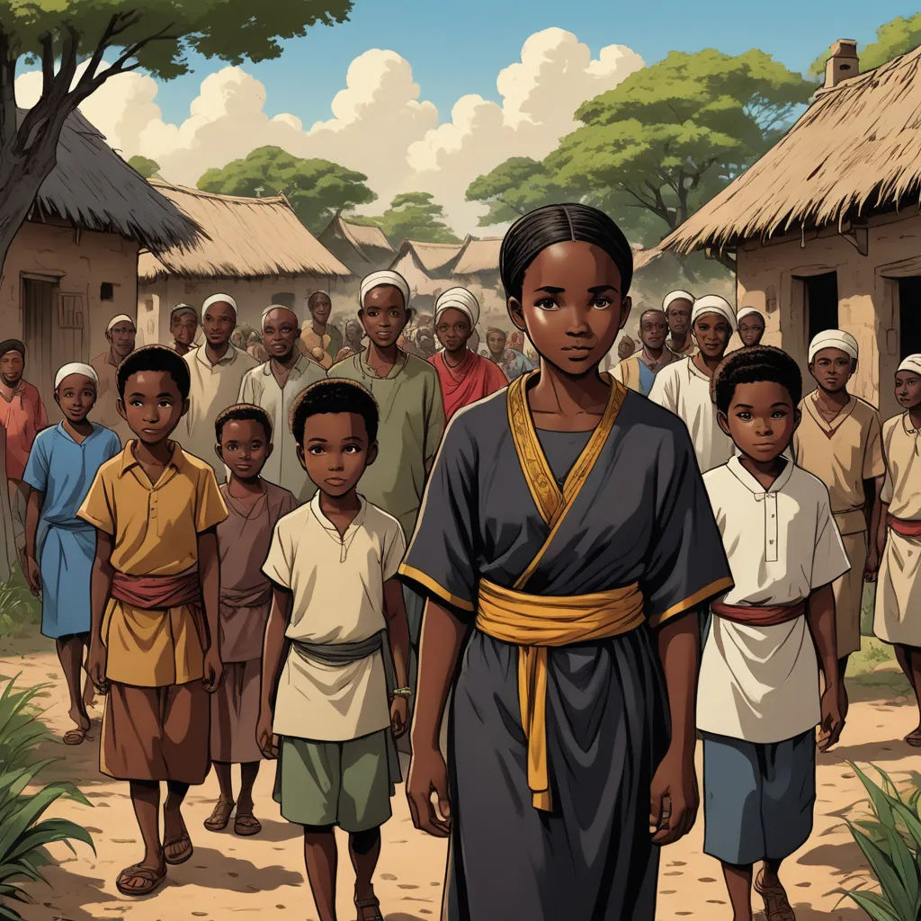a painting of a woman in a village with a group of children in front of her and a man in the background, afrofuturism, a comic book panel, Chinwe Chukwuogo-Roy, graphic novel