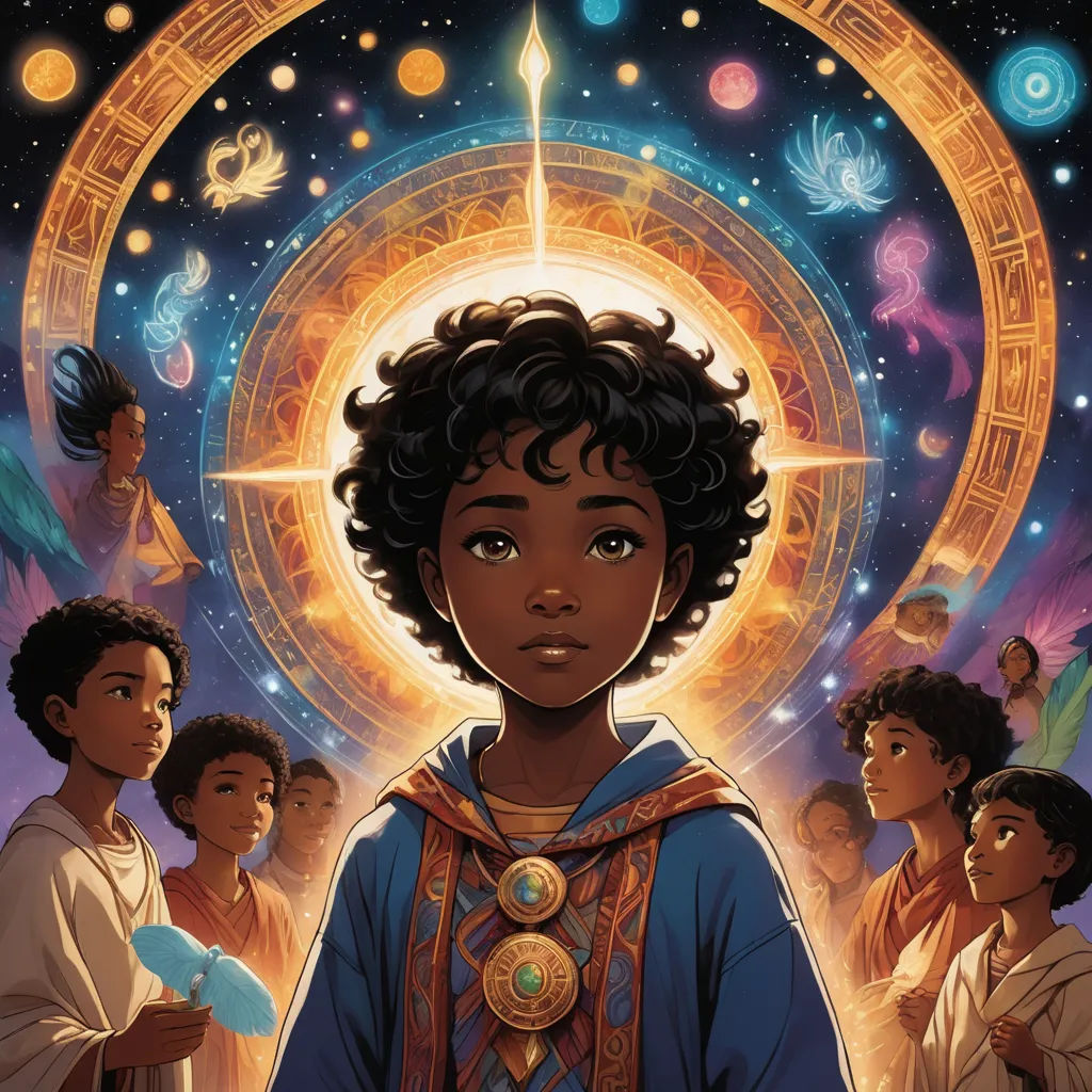 a young black girl standing in front of a circle of stars and planets with a star in the middle, afrofuturism, poster art, Aaron Jasinski, comic cover art