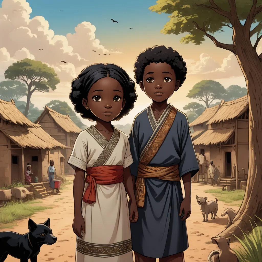 a couple of people standing next to each other near a dog and a tree in a village with a dog, afrofuturism, a storybook illustration, Chinwe Chukwuogo-Roy, official art