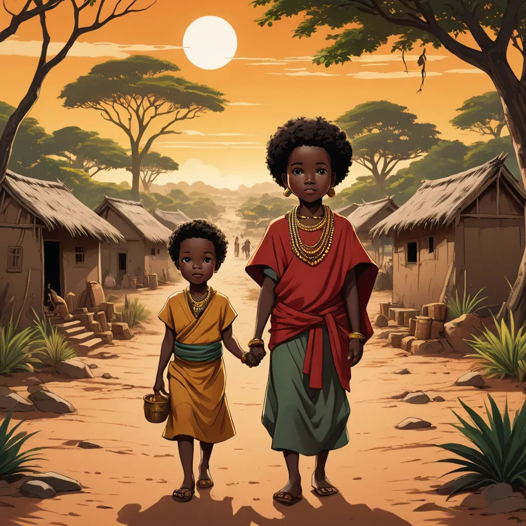 a painting of two children holding hands in a village with a sunset in the background and a woman holding the hand of a child, afrofuturism, a storybook illustration, Chinwe Chukwuogo-Roy, trending on art station