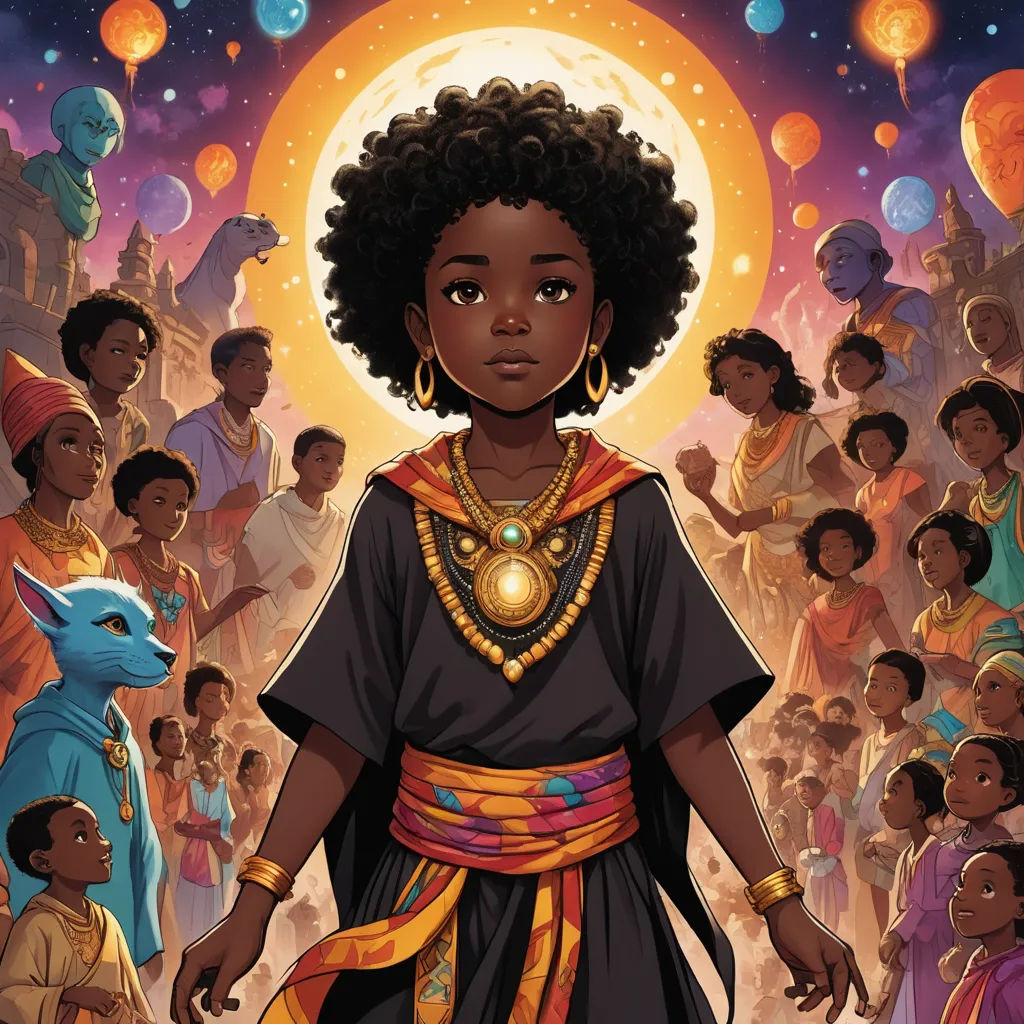 a woman in a black dress standing in front of a crowd of people with a yellow light on her head, afrofuturism, a storybook illustration, Chinwe Chukwuogo-Roy, comic cover art