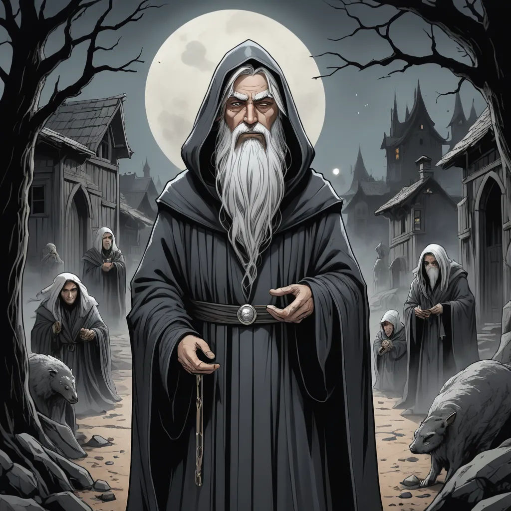 a wizard with a long white beard and a long black robe standing in front of a graveyard with a full moon, fantasy art, a character portrait, Dan Mumford, epic fantasy character art