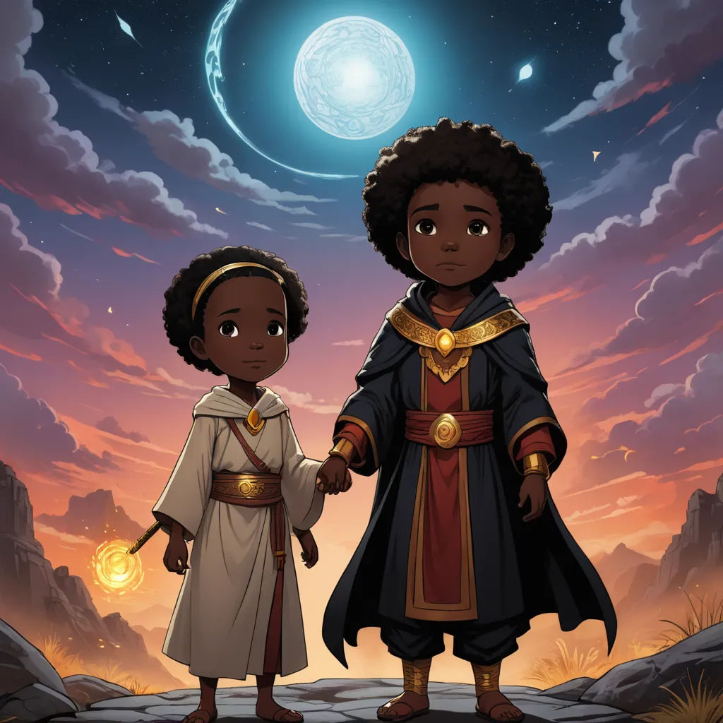 two black children standing in front of a sky with a moon in the background and a bright blue sky, afrofuturism, concept art, Chinwe Chukwuogo-Roy, official art