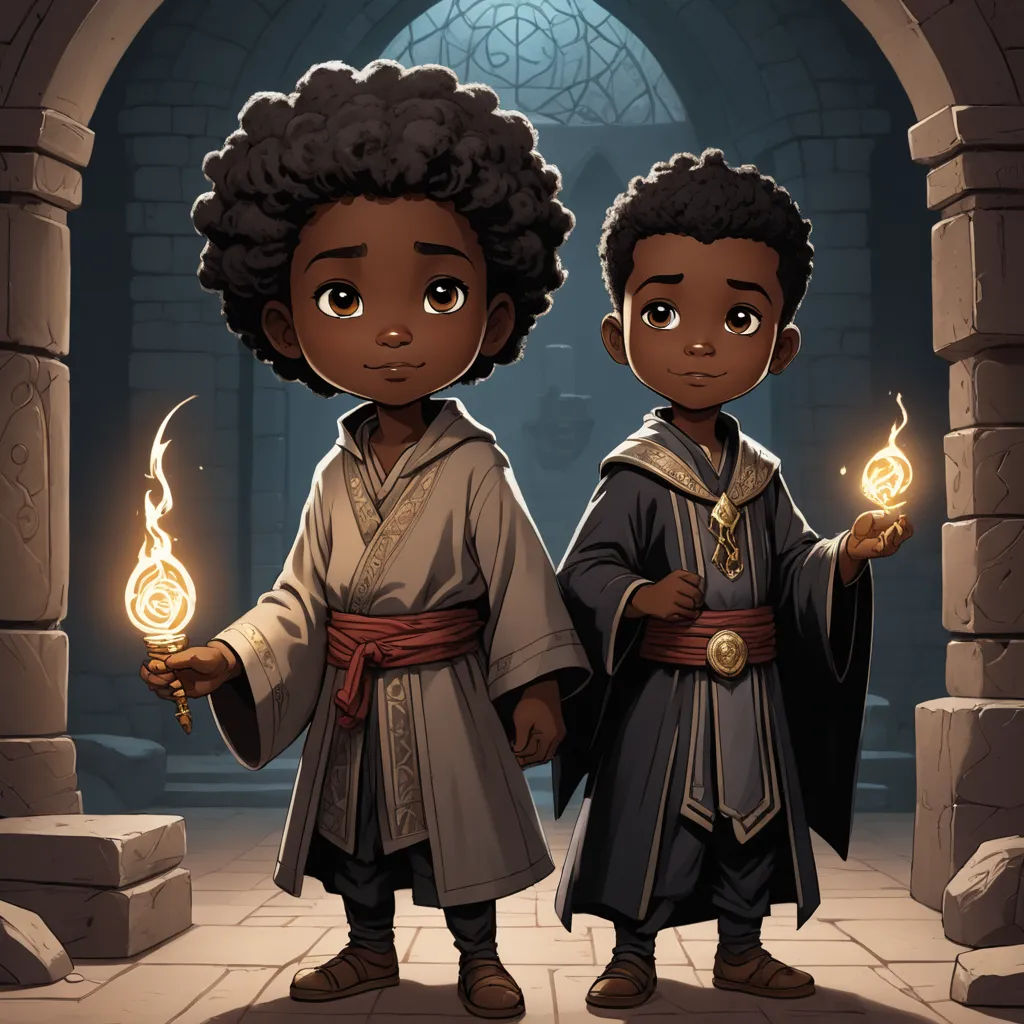two black children in medieval costumes holding torches in a stone archway with a stone wall in the background and a stone archway, fantasy art, concept art, Cedric Seaut (Keos Masons), key art