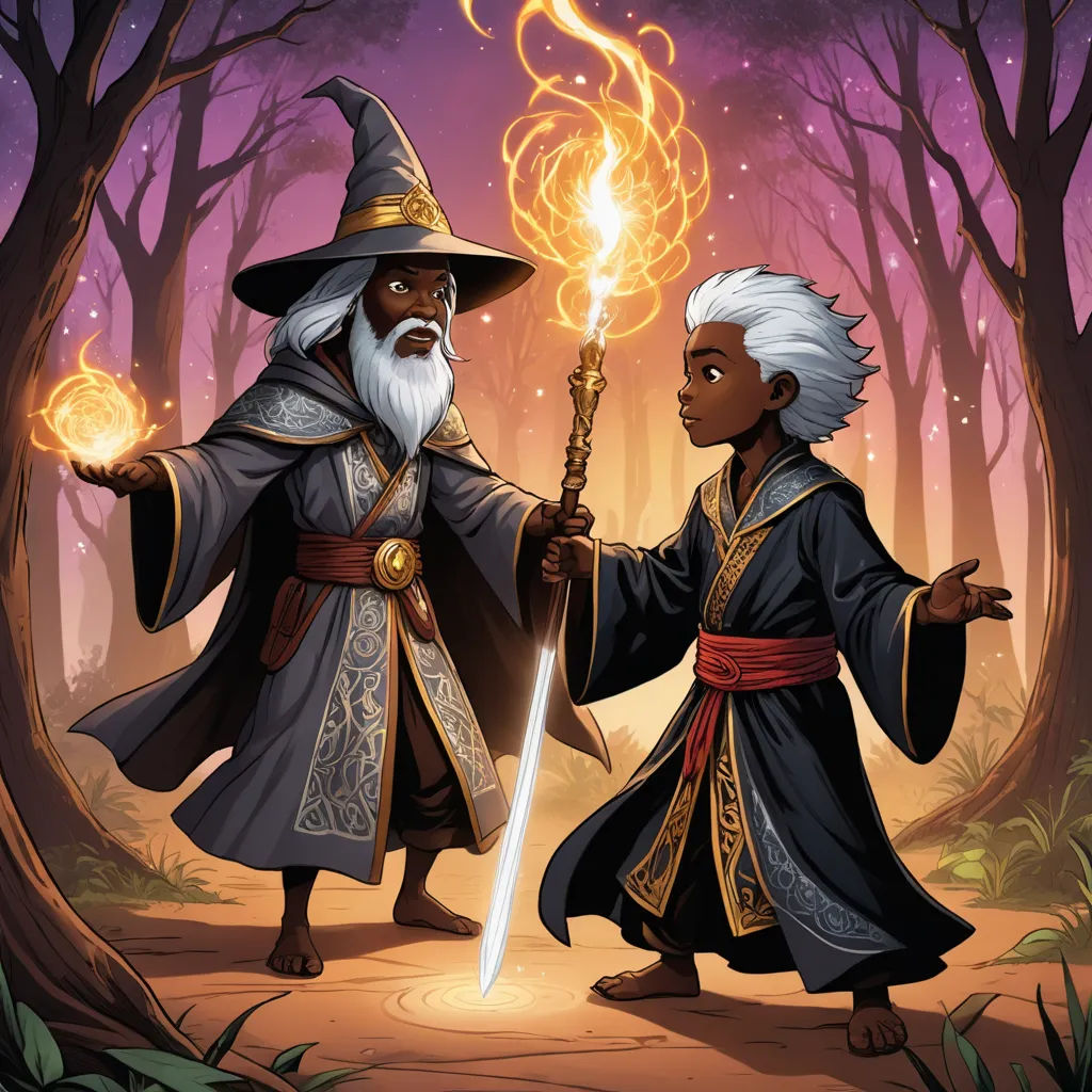 two wizards holding torches in a forest at night with trees and purple sky in the background and a glowing orb, fantasy art, a storybook illustration, Cliff Childs, fantasy artwork