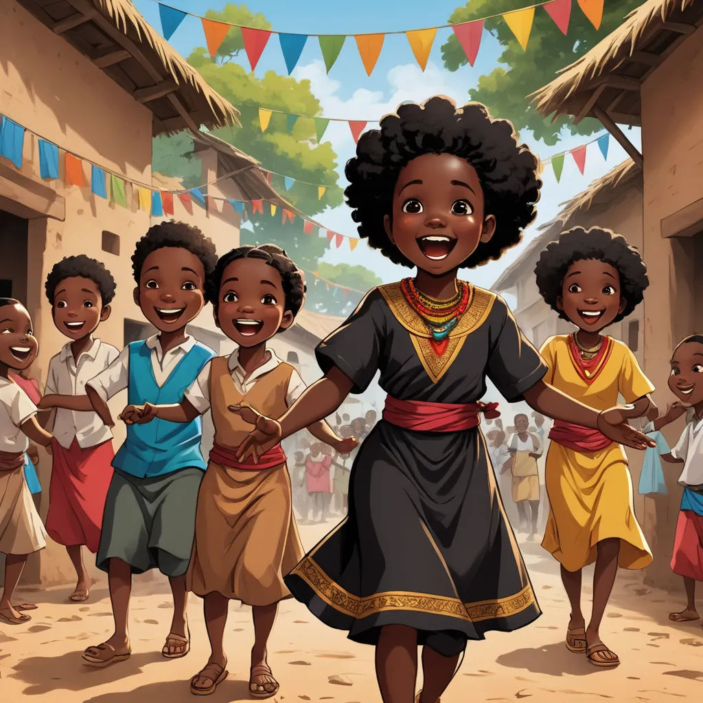 a cartoon of a woman dancing with children in a village in the background, with bunting flags and bunting, afrofuturism, a storybook illustration, Chinwe Chukwuogo-Roy, official art