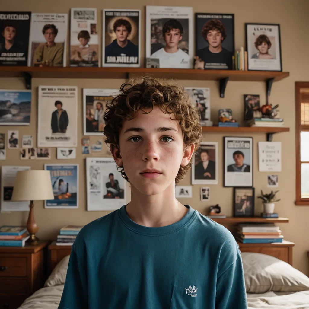 a young boy standing in front of a bed with posters on the wall behind him and a lamp on the nightstand, serial art, a poster, Daniel Lieske, poster