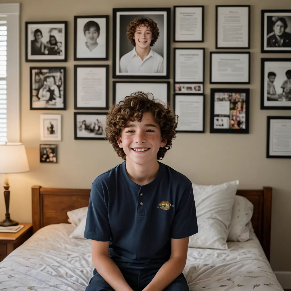 a boy sitting on a bed with a bunch of framed pictures on the wall behind him and a lamp on the side, vancouver school, a character portrait, Drew Tucker, kai carpenter