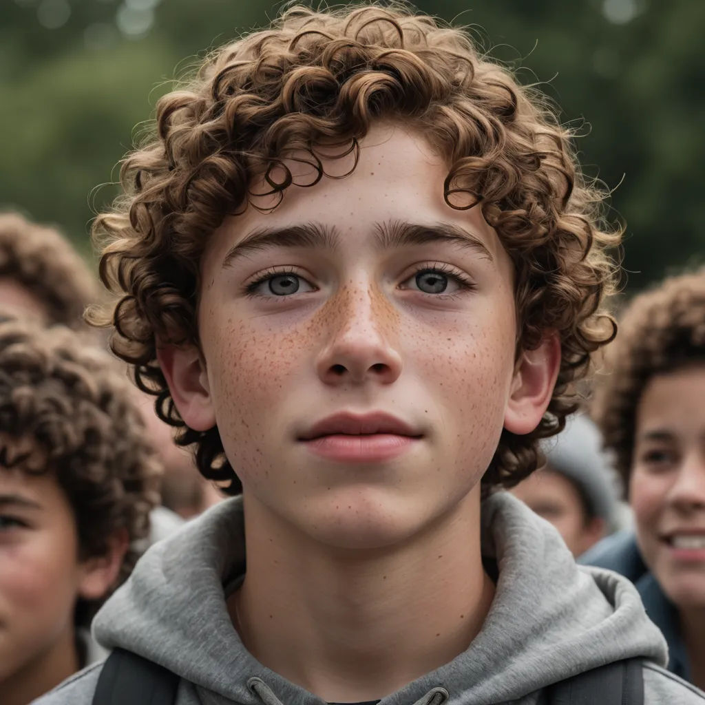 a young boy with curly hair and a hoodie on is looking at the camera with a group of other boys behind him, neoism, a character portrait, Ben Stahl, kai carpenter