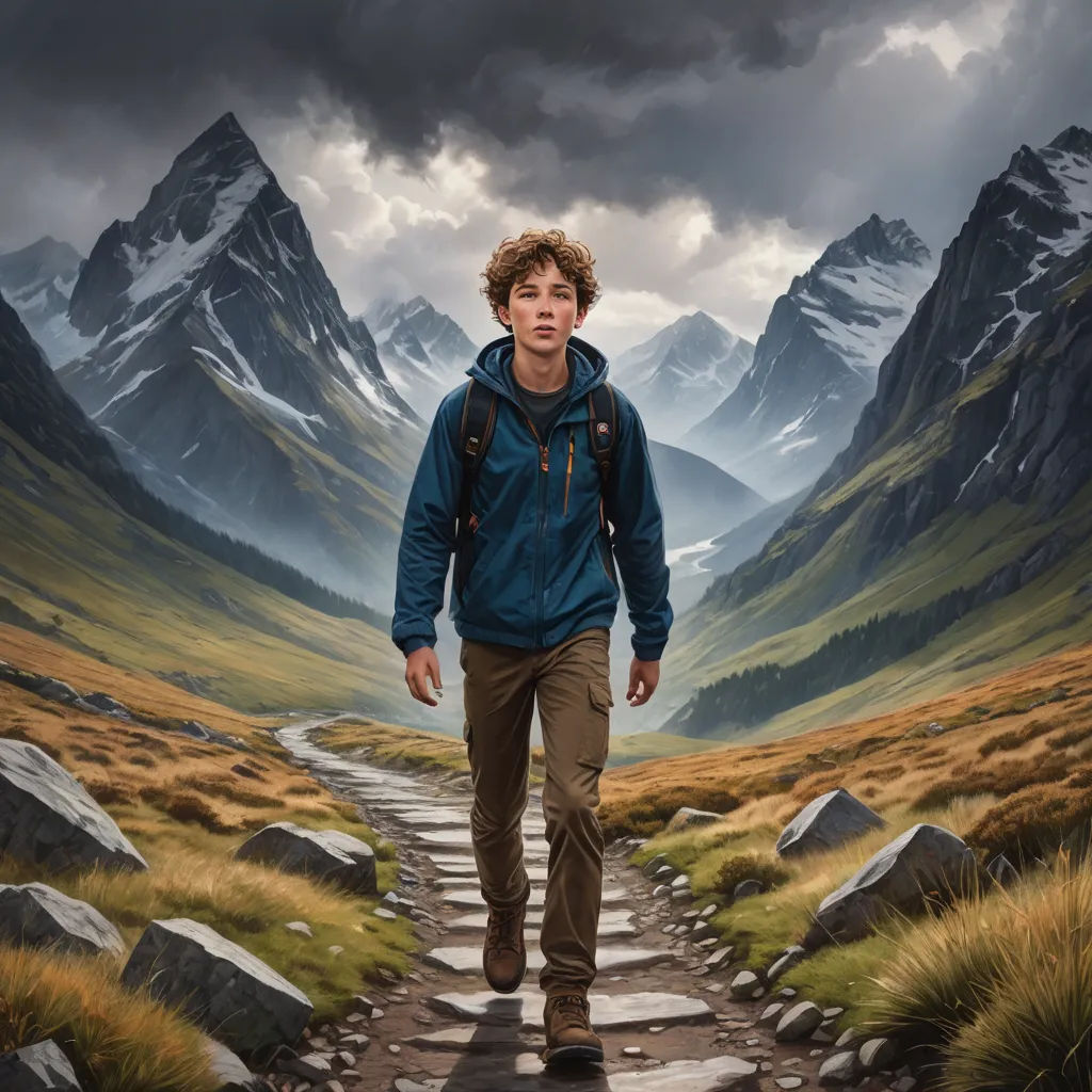 a man walking down a path in a mountain landscape with a mountain range in the background and a cloudy sky, photorealism, a detailed matte painting, Filip Hodas, highly detailed digital painting