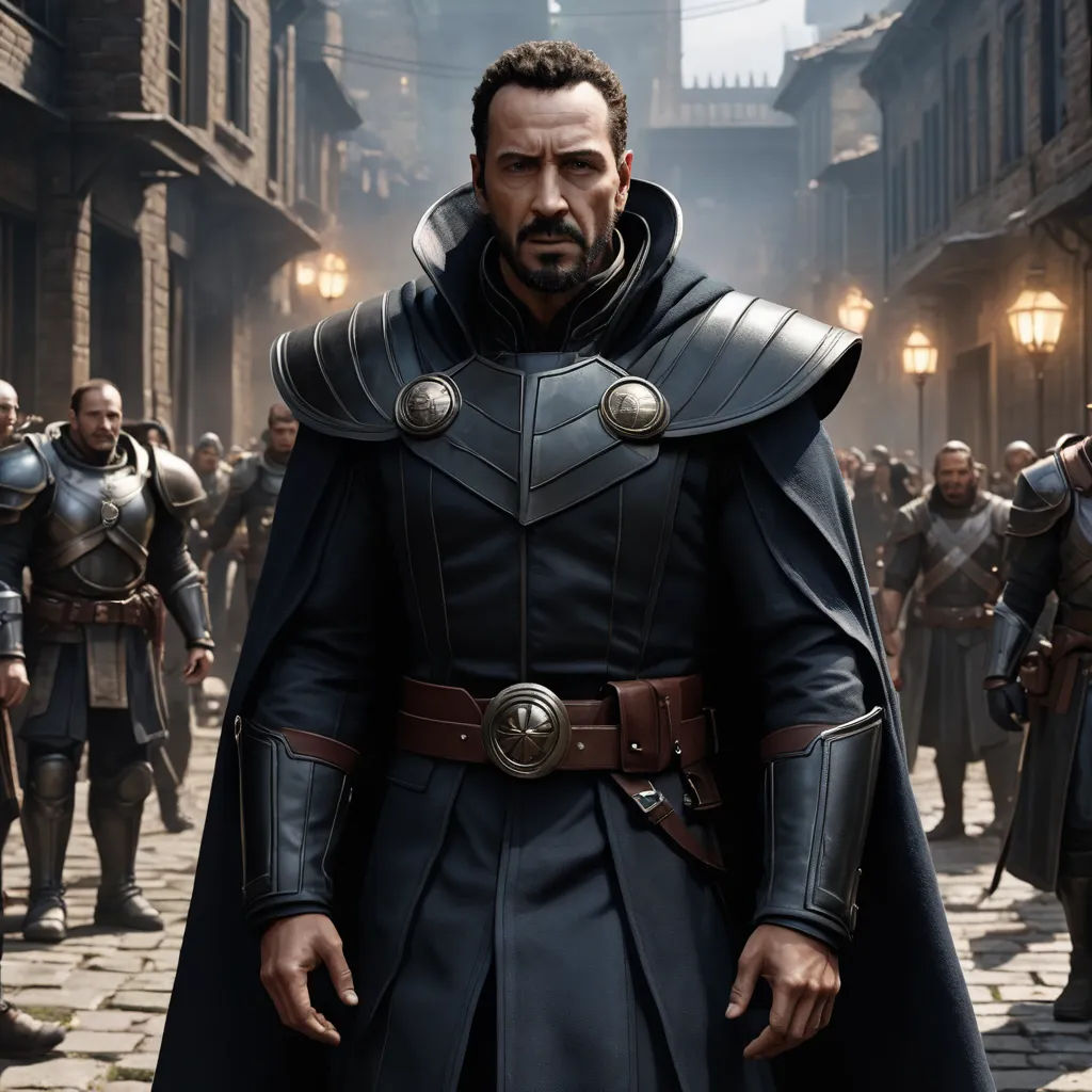 a man in a black suit and a bunch of people in a street with lights on and a building in the background, antipodeans, a detailed matte painting, Cedric Seaut (Keos Masons), unreal engine 5