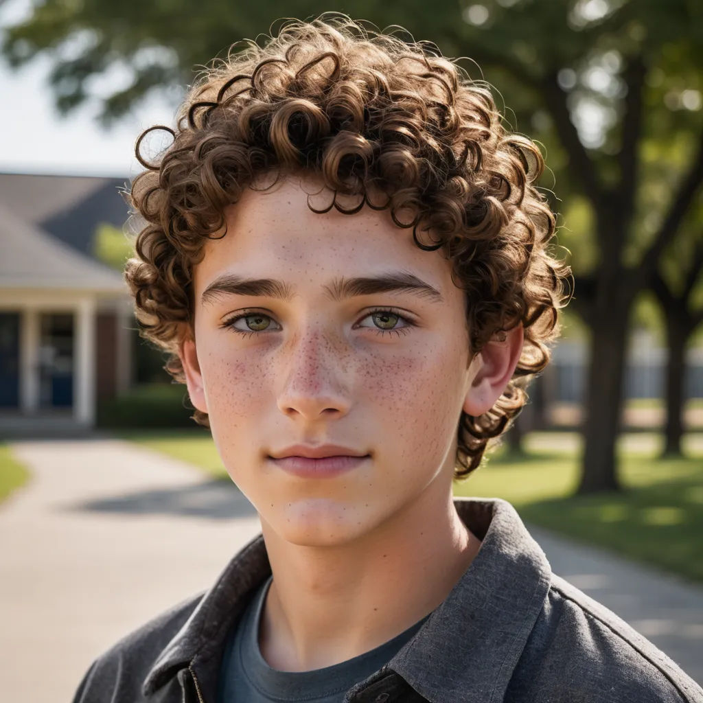 a young boy with curly hair standing in front of a house with a driveway and trees in the background, northwest school, a character portrait, Ben Stahl, kai carpenter