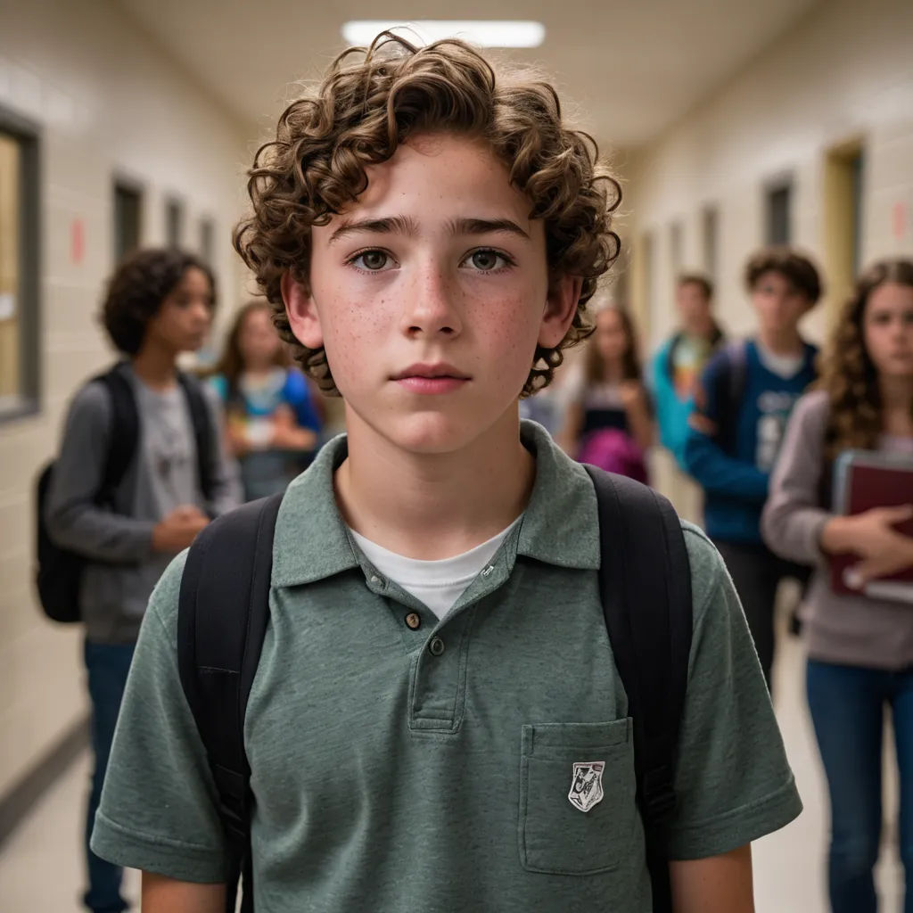 a young boy with curly hair standing in a hallway with other people in the background and a backpack on his shoulder, northwest school, a poster, Anthony Angarola, promotional image