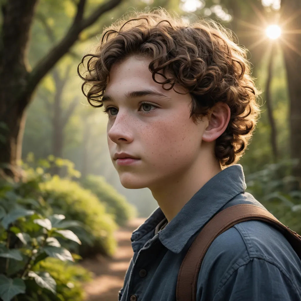 a young boy with curly hair and a backpack on a path in the woods with sun shining through the trees, naturalism, a character portrait, Chase Stone, anamorphic lens flare
