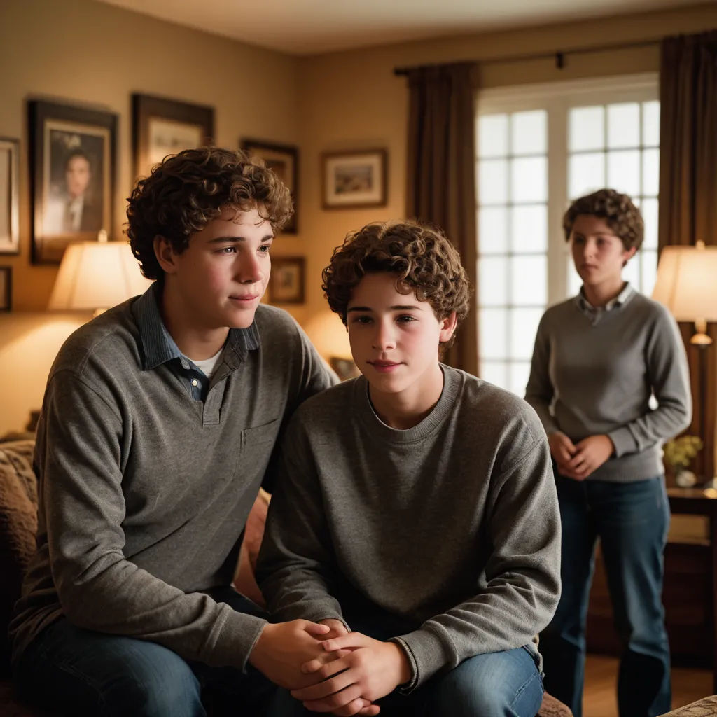 a boy and a boy sitting on a couch in a living room with a lamp on the side of the couch, les automatistes, a stock photo, Brian Fies, promotional image