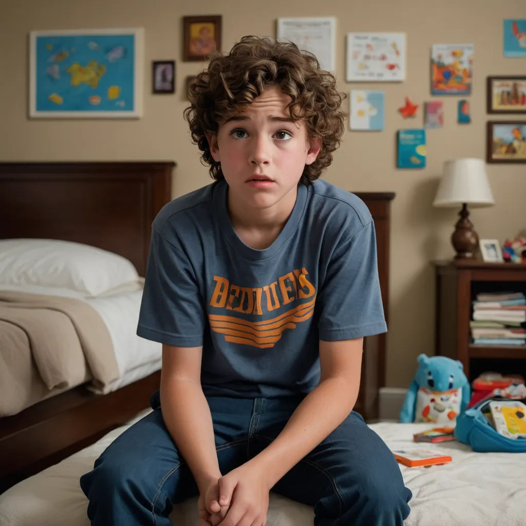 a young boy sitting on a bed in a bedroom with a lot of pictures on the wall behind him, shock art, a character portrait, Drew Tucker, promotional image