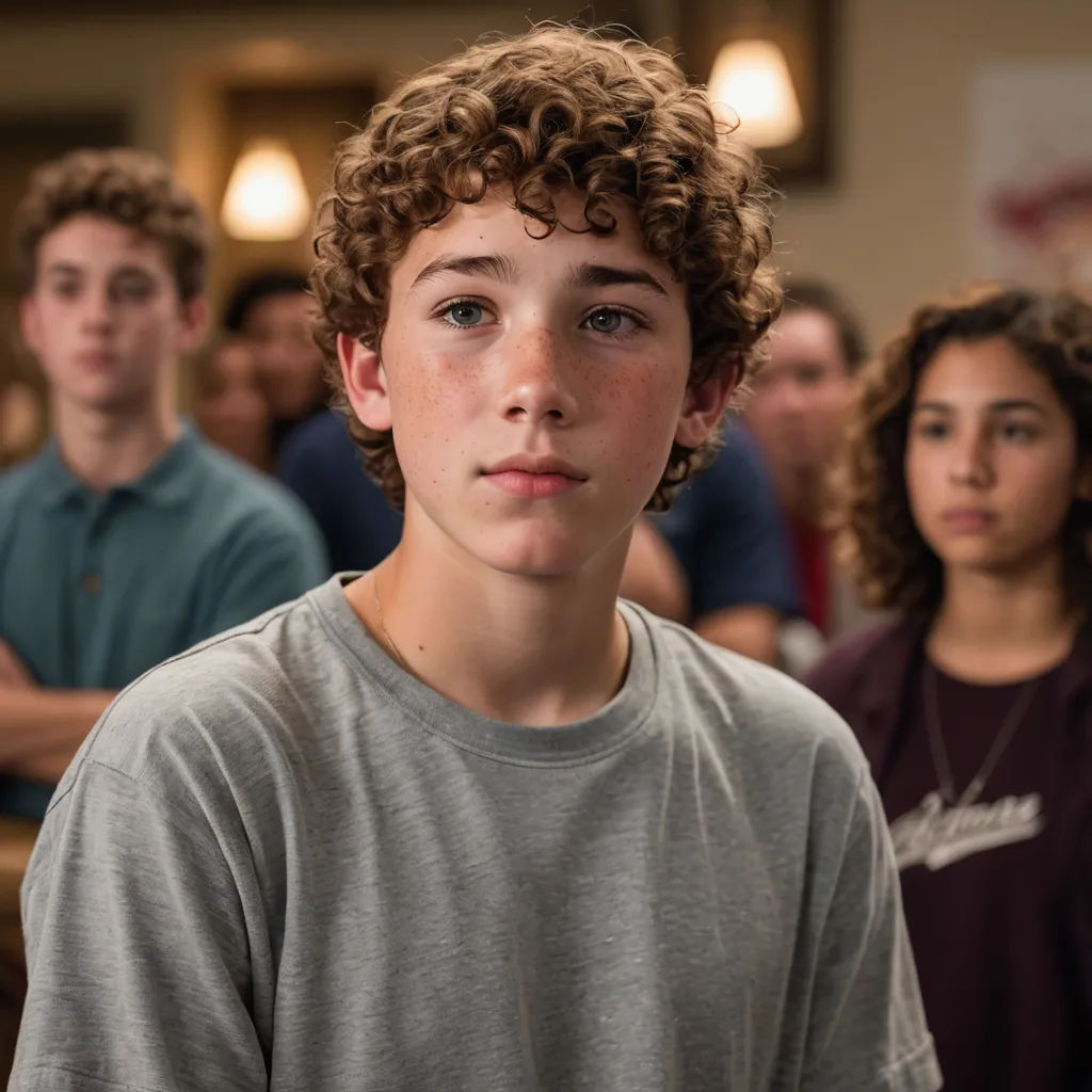 a young boy standing in front of a group of people in a room with a woman looking at the camera, hyperrealism, a character portrait, Anthony Angarola, movie still