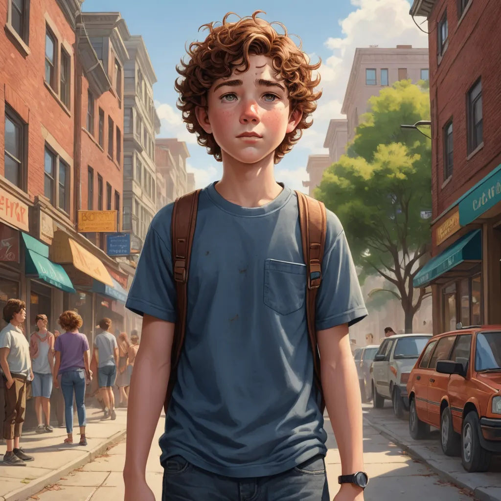 a boy with a backpack is standing on the street in front of a crowd of people and cars,, american scene painting, a character portrait, Aaron Jasinski, highly detailed digital painting