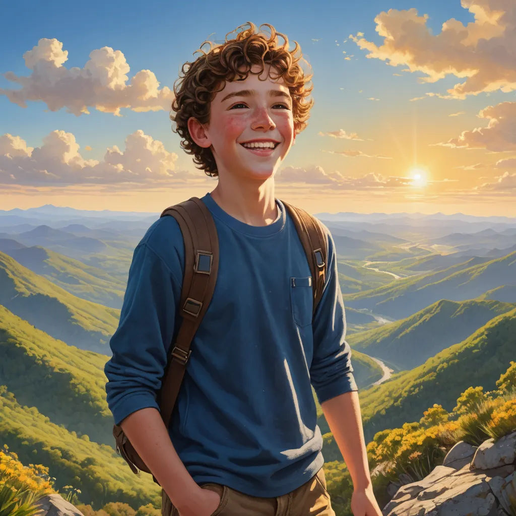 a boy with a backpack standing on a mountain top with a sunset in the background and a valley below, american scene painting, a detailed matte painting, Aaron Jasinski, highly detailed digital painting