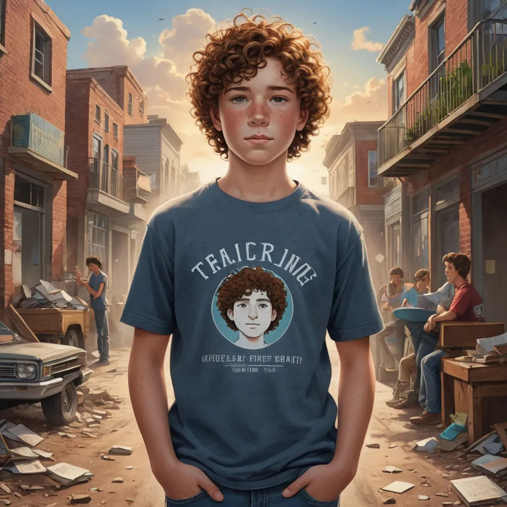 a boy standing in a street with a picture of a young boy on his shirt and people in the background, american scene painting, a character portrait, F Scott Hess, highly detailed digital painting
