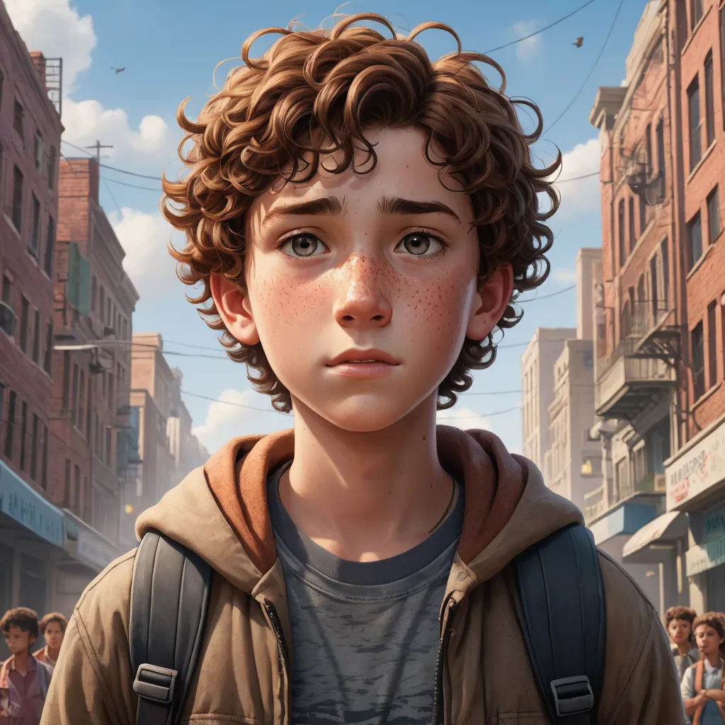 a boy with curly hair and a backpack looks into the distance in a city street with people walking on the sidewalk, photorealism, a character portrait, Clint Cearley, stanley artgerm lau