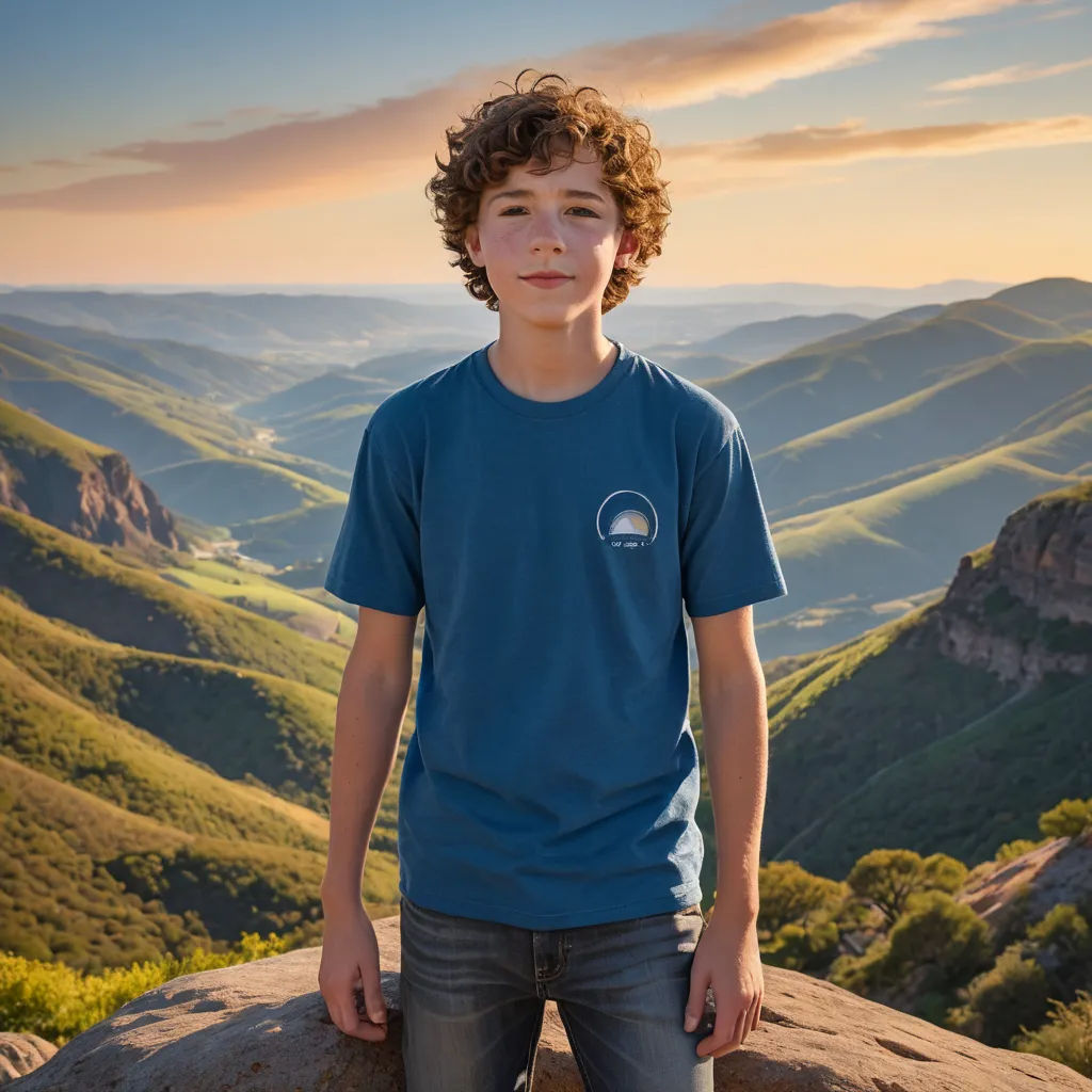 a boy standing on a rock in the mountains at sunset with a view of the valley below him and mountains in the distance, hudson river school, a character portrait, Evan Charlton, kai carpenter