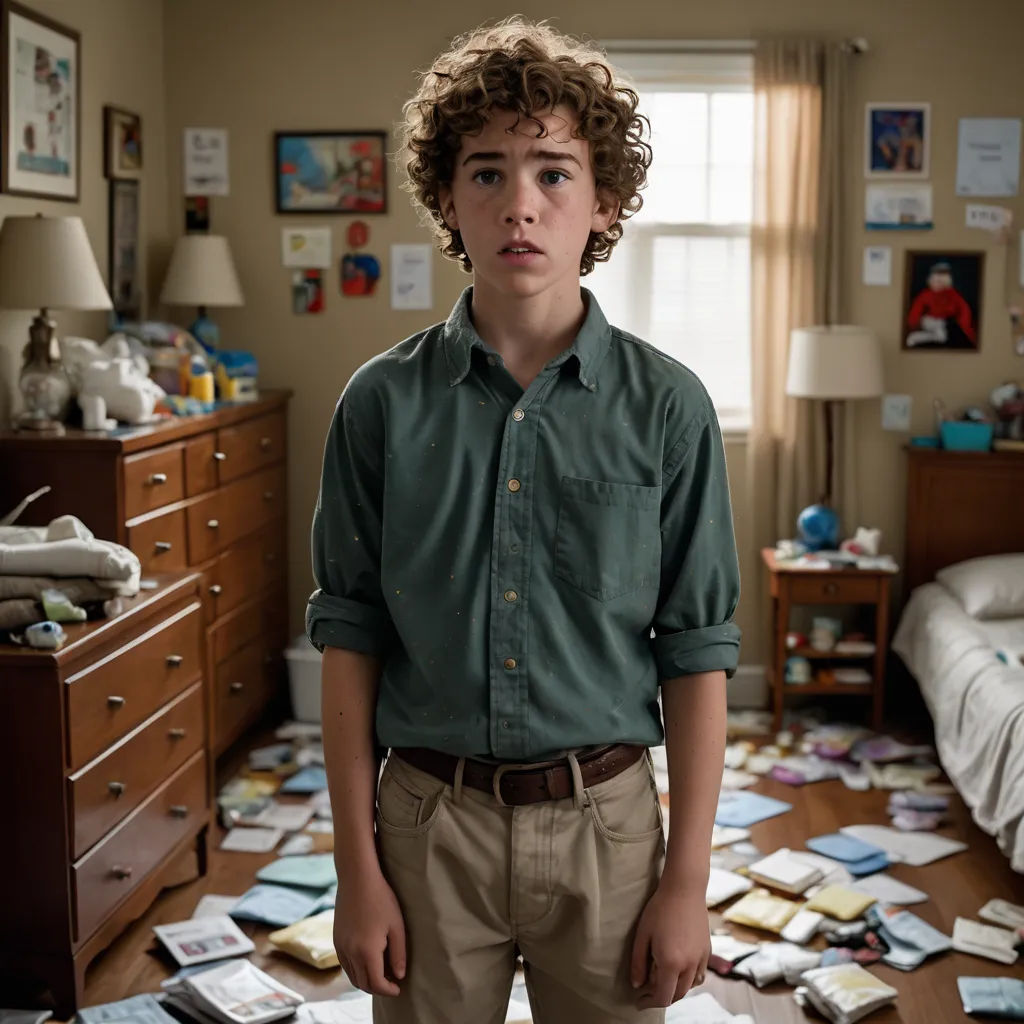 a boy standing in a messy room with papers all over the floor and a dresser with a lamp on it, postminimalism, a character portrait, Adam Rex, promotional image