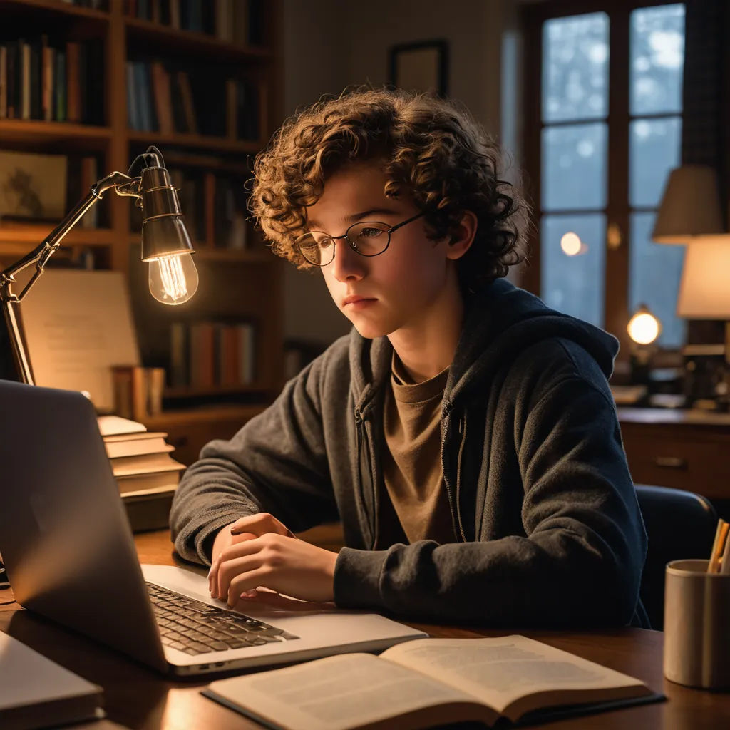 a young man sitting at a desk with a laptop computer and a lamp on it, in front of a bookcase, aestheticism, computer graphics, Elias Goldberg, movie still