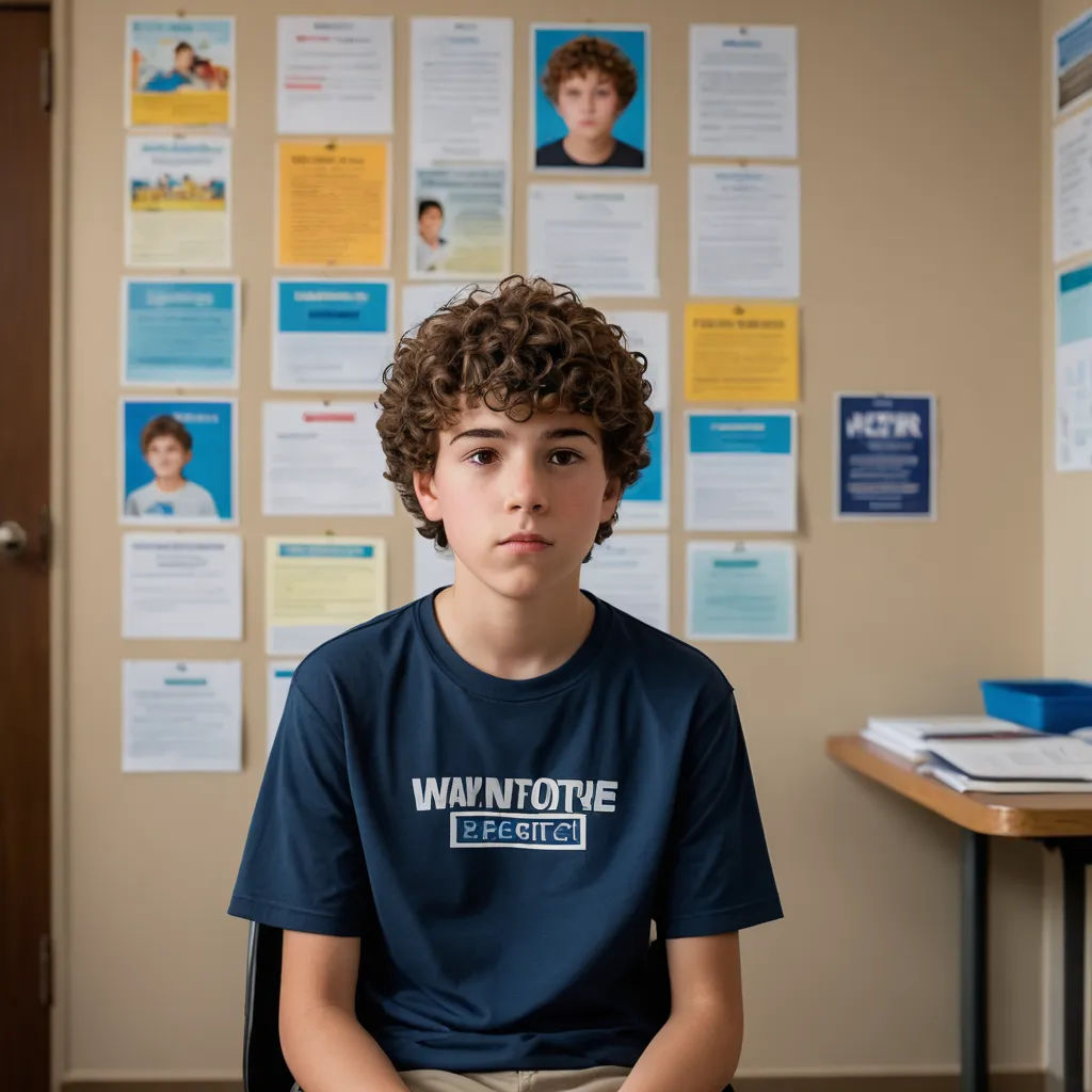 a young boy sitting in a chair in front of a bulletin board with posters on it and a door, vancouver school, a character portrait, Daniel Lieske, character sheet