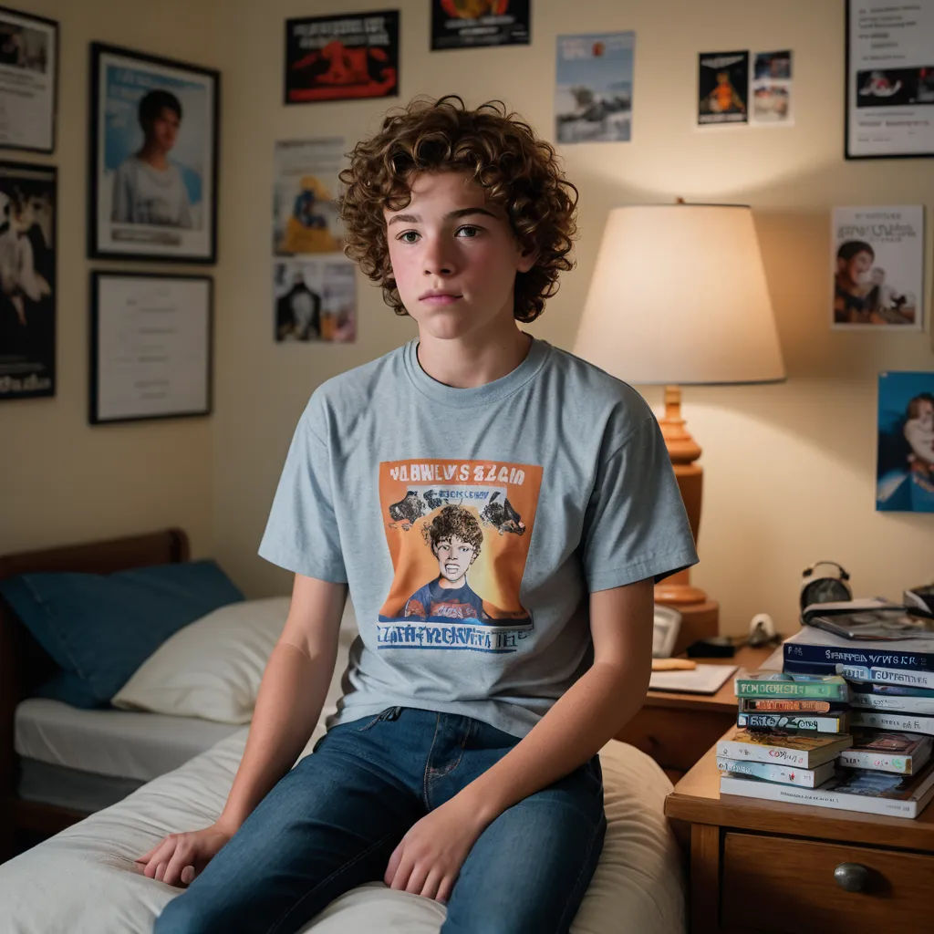 a young boy sitting on a bed with a bunch of books on the nightstand behind him and a lamp on the side table, shock art, a character portrait, Ben Zoeller, kai carpenter