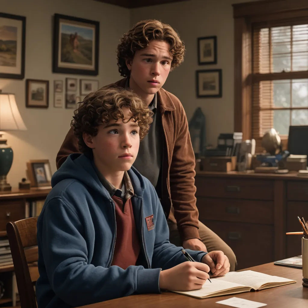 a man and a boy sitting at a table in a room with a lamp and a book on it, antipodeans, concept art, Everett Warner, promotional image