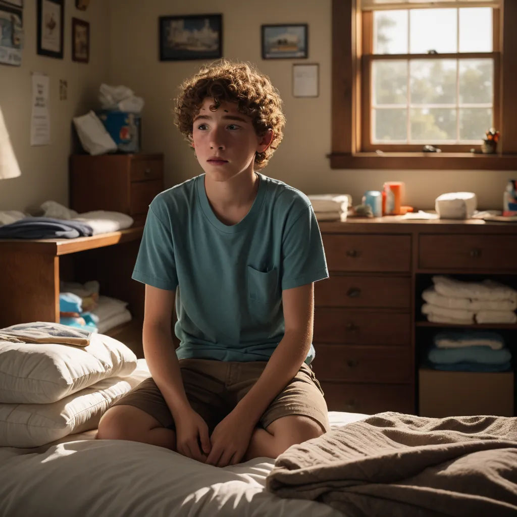 a boy sitting on a bed in a bedroom with a window in the background and a dresser with drawers, american realism, a character portrait, Aaron Nagel, movie still