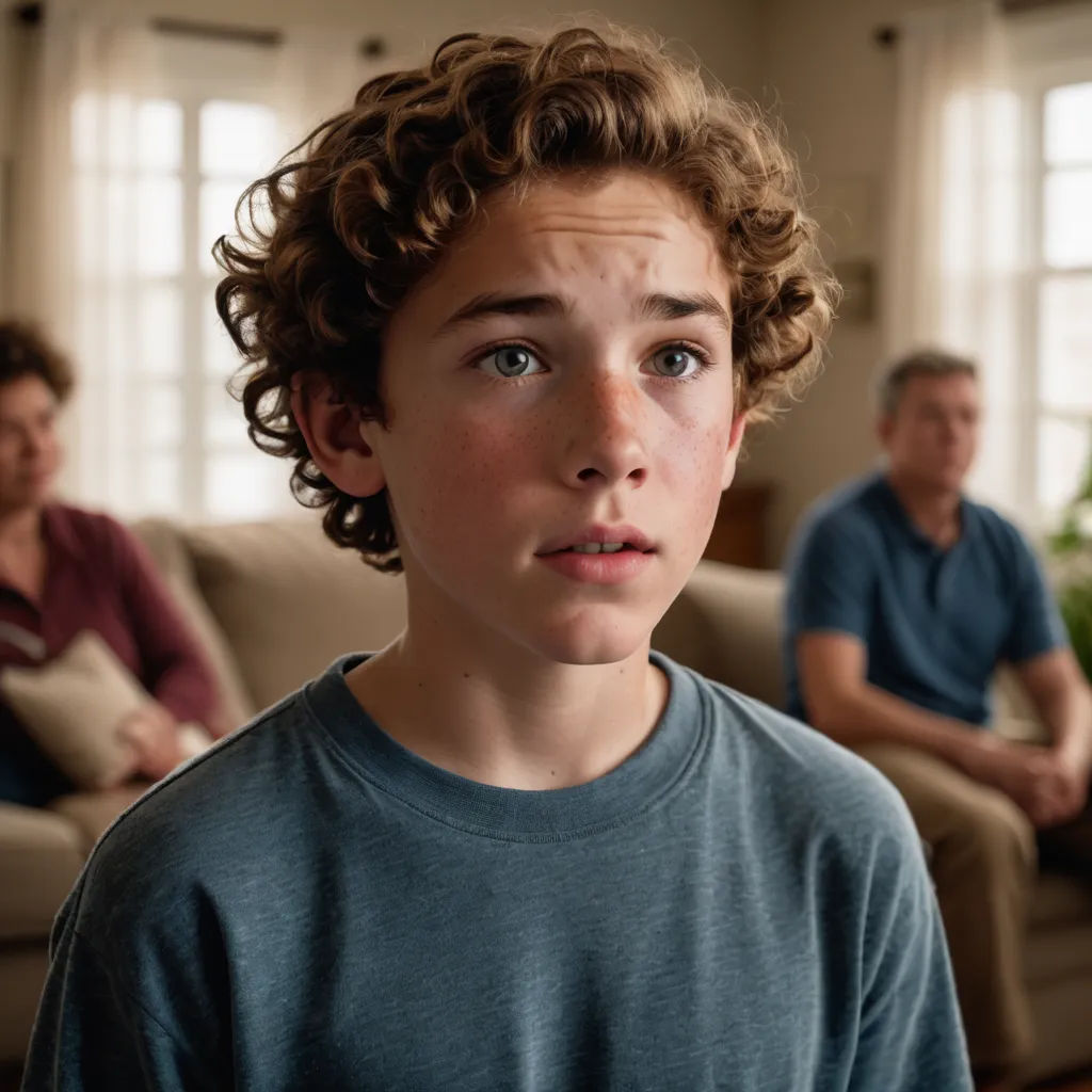 a boy with curly hair standing in front of a couch with a family sitting on the couch behind him, hyperrealism, a character portrait, Anthony Angarola, promotional image
