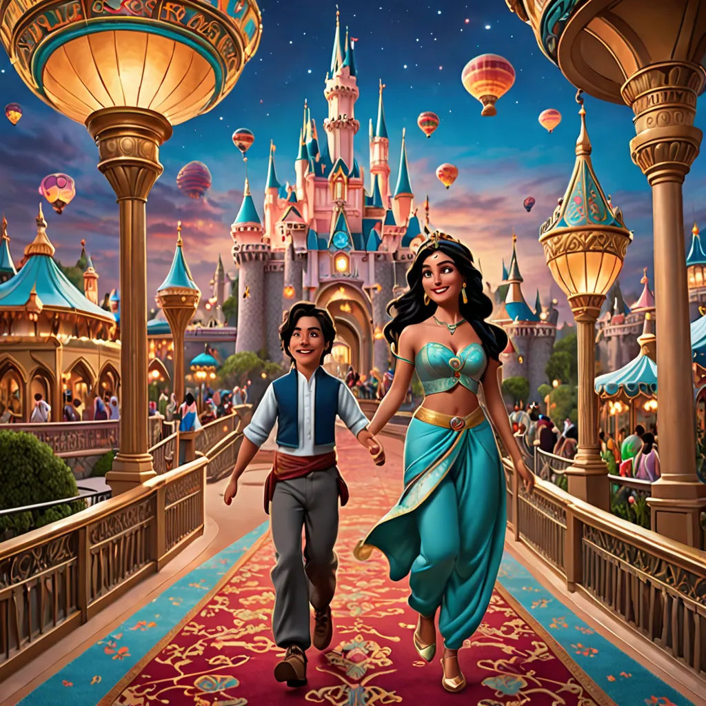 a man and a woman walking down a walkway in front of a castle with a sky background and lanterns, magical realism, a detailed matte painting, disney, official art