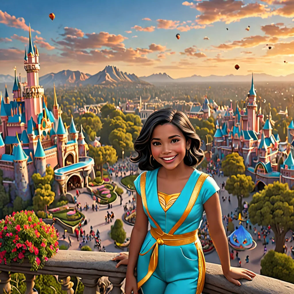 a cartoon character is standing on a balcony overlooking a castle and a park with balloons in the sky above, magical realism, a detailed matte painting, disney, promotional image