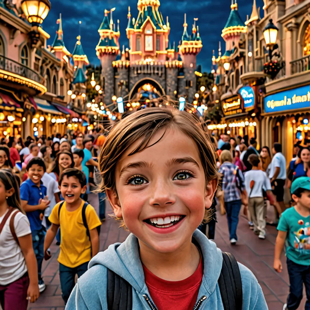 a young boy standing in front of a crowd of people in a shopping mall at night time with a castle in the background, photorealism, a stock photo, disney, wide lens