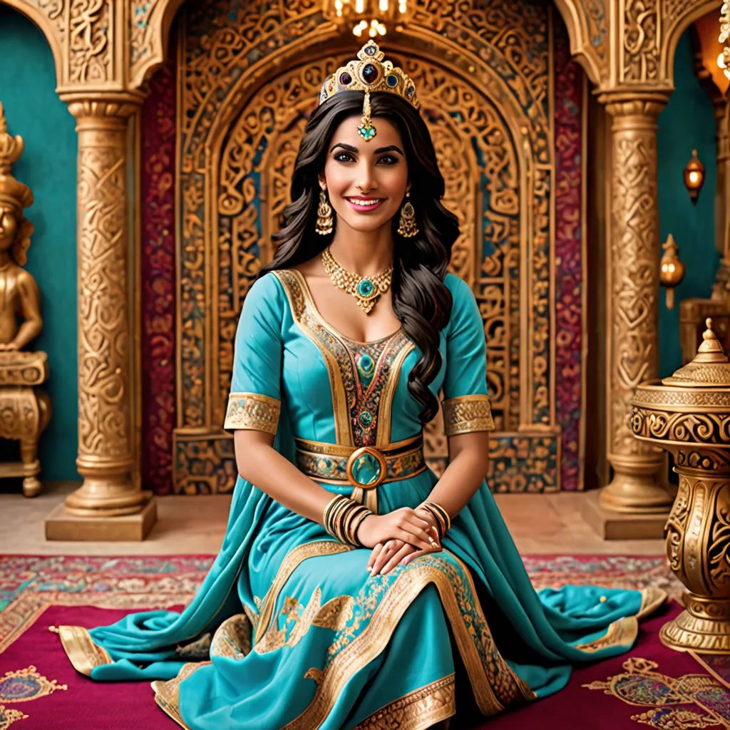 a woman in a blue dress sitting on a red carpet in a room with gold and blue decorations and a chandelier, arabesque, a character portrait, Aramenta Dianthe Vail, promotional image