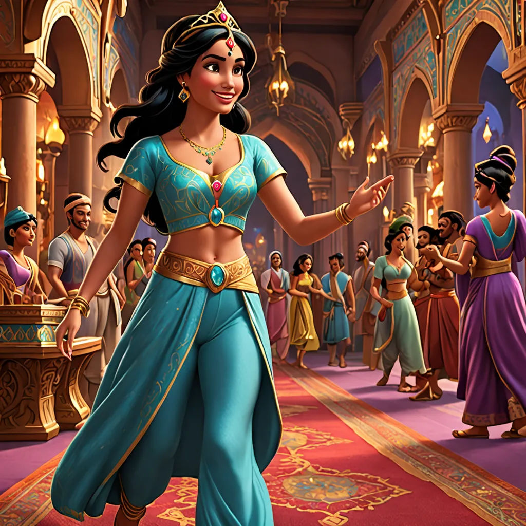 a cartoon of a woman in a blue outfit dancing in a ballroom with other people in the background and a red carpet, arabesque, a detailed matte painting, Altoon Sultan, official art