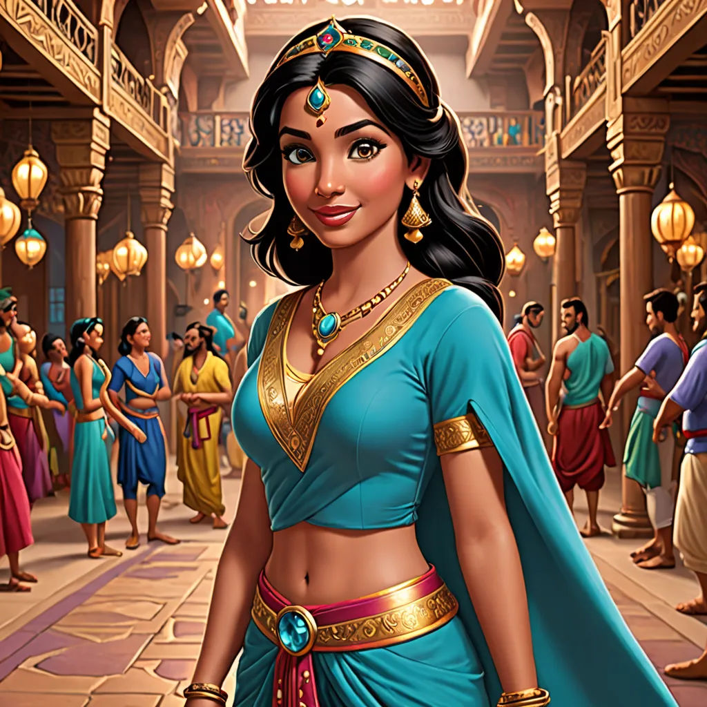 a cartoon of a woman in a blue dress and gold jewelry in a large building with people in it, fantasy art, a digital rendering, Altoon Sultan, orientalism