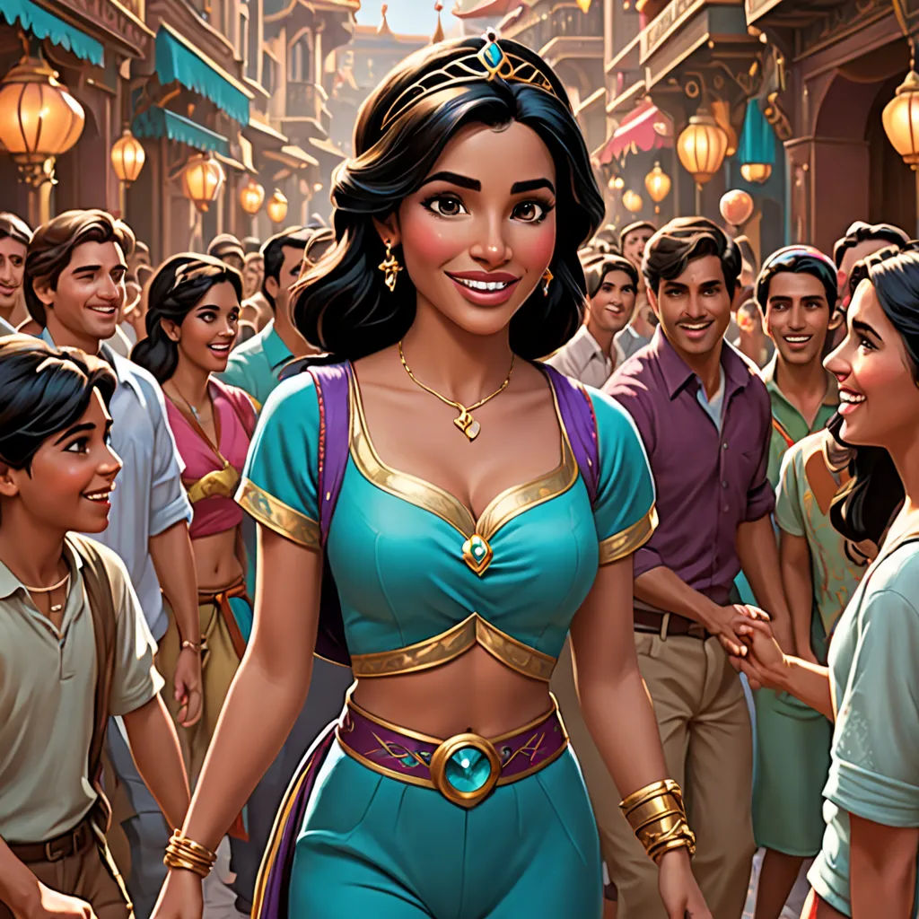 a cartoon of a woman in a blue outfit surrounded by other people in a crowded street area with lanterns, excessivism, a comic book panel, disney, official art