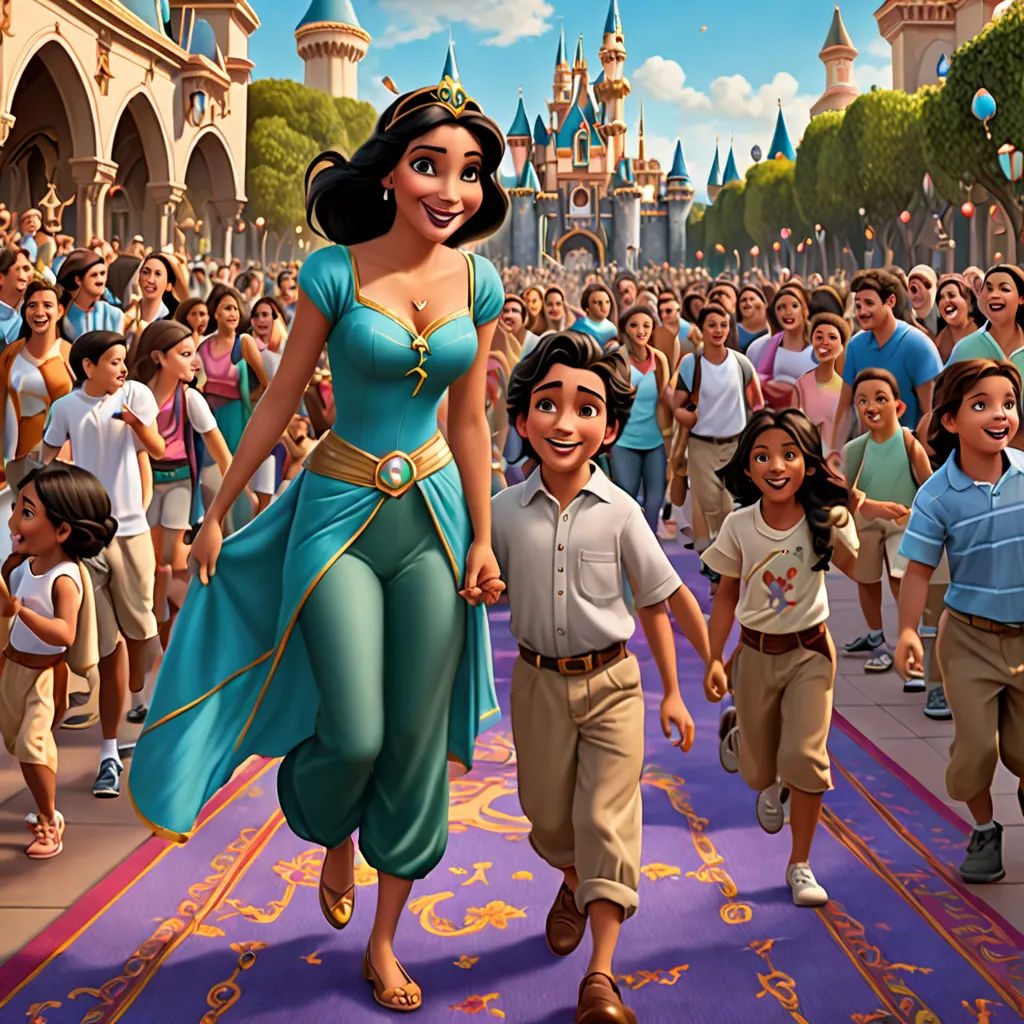 a cartoon of a princess and two children walking down a street with a crowd of people behind her and a castle in the background, magical realism, a poster, disney, promotional image