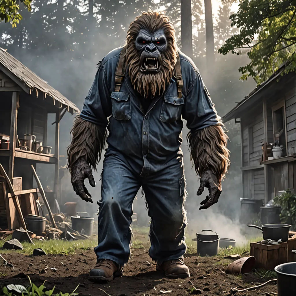a bigfoot standing in a yard with a lot of smoke coming out of it's mouth and a house in the background, furry art, a character portrait, Ed Binkley, weta digital